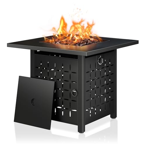 Shintenchi Propane Fire Pits 28 Inch Outdoor Gas Fire Pit, 50,000 BTU Steel Fire Table with Lid and Lava Rock, CSA-Certified Propane Fire Pit Outdoor/Patio with Rattan Pattern Steel Base/Lid, Black