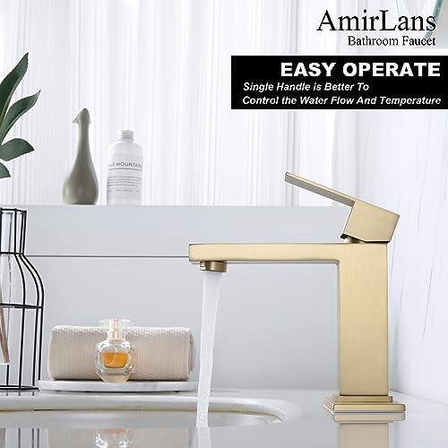Brushed Gold Vessel Sink Faucet - Tall Single Hole Bathroom Faucet with Pop Up Drain, AML-11411-BG