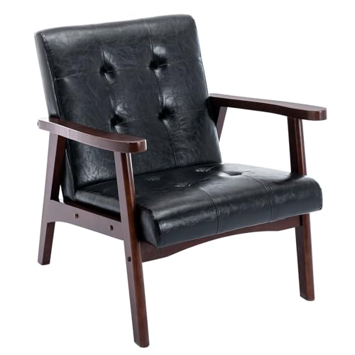 ANJ Mid Century Modern Accent Chair, Tufted Fabric Upholstery, Wood Frame, Beige