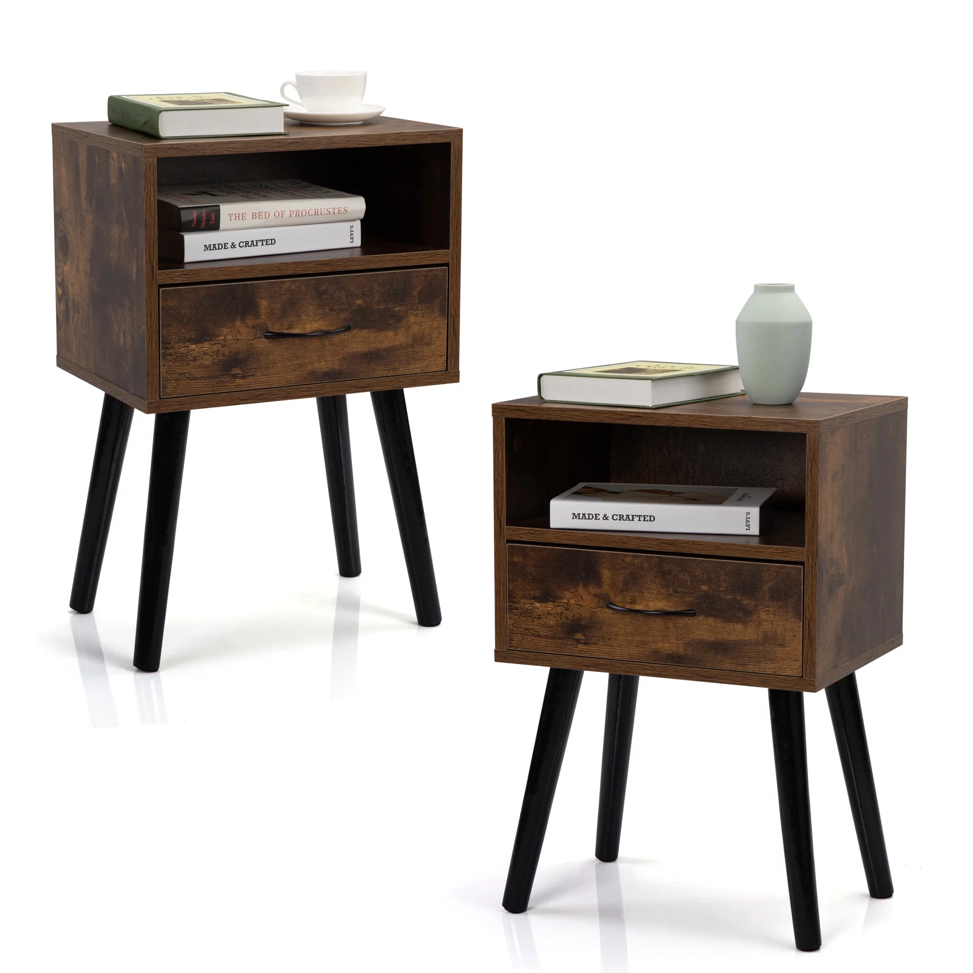 Modern End Table for Living Room, Side Table for Small Space, Small Storage Cabinet with Drawers, Simple Nightstand Set of 2 for Bedroom, Solid Wood Nightstands with Shelf, Rustic Brown, D8615