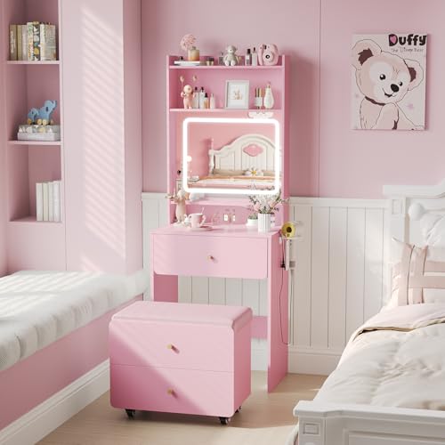 Vabches Make Up Vanity Desk with Mirror and Lights, White Vanity Table Set with Charger Station,Girls Small Vanity and Storage Chair