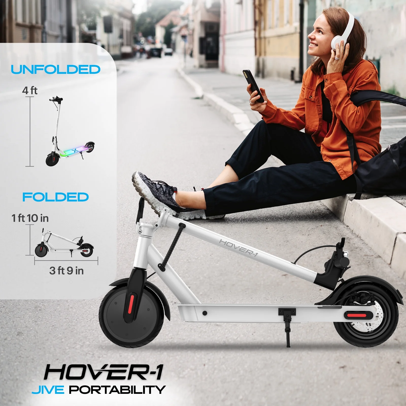 Hover-1 Jive Self Balancing Folding Electric Scooter, 8.5 in Wheels, 16 mph Max Speed, LED Lights, White, UL 2272 Certified