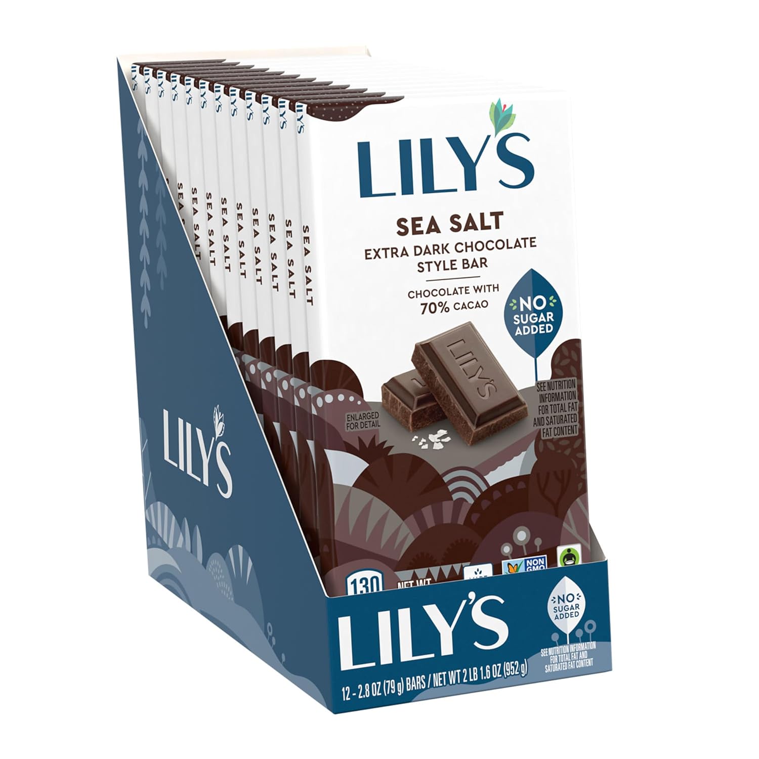 LILY'S Sea Salt Extra Dark Chocolate Style No Sugar Added, Sweets Bars, 2.8 oz (12 Count)