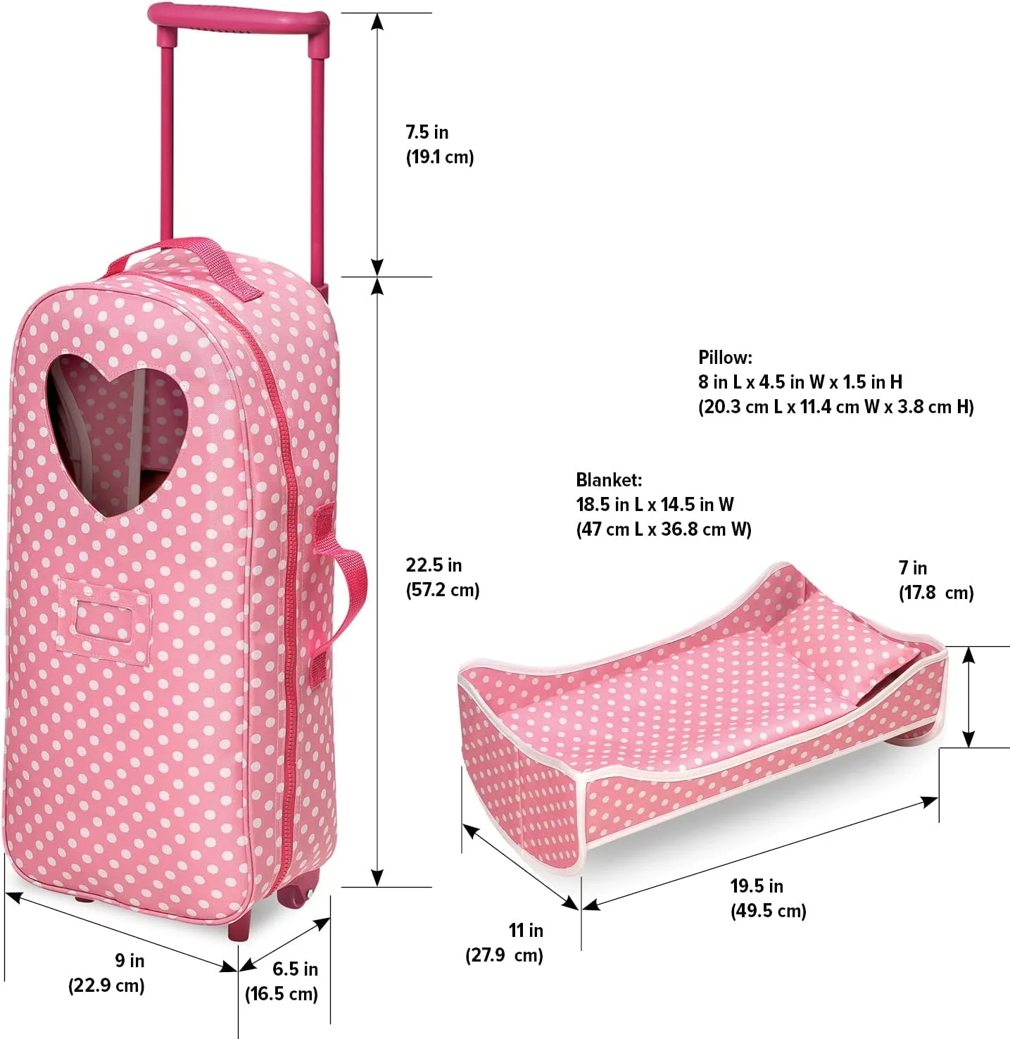 Badger Basket 3-in-1 Trolley Doll Carrier with Rocking Bed and Bedding - Pink/Polka Dot-Material:100% Polyester Fabric