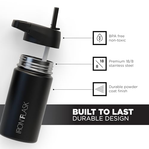IRON °FLASK Camping & Hiking Hydration Flask with 3 Lids - Stainless Steel, Double Walled & Vacuum Insulated Water Bottle - Leak Proof & BPA Free (Midnight Black, Straw - 40 oz)