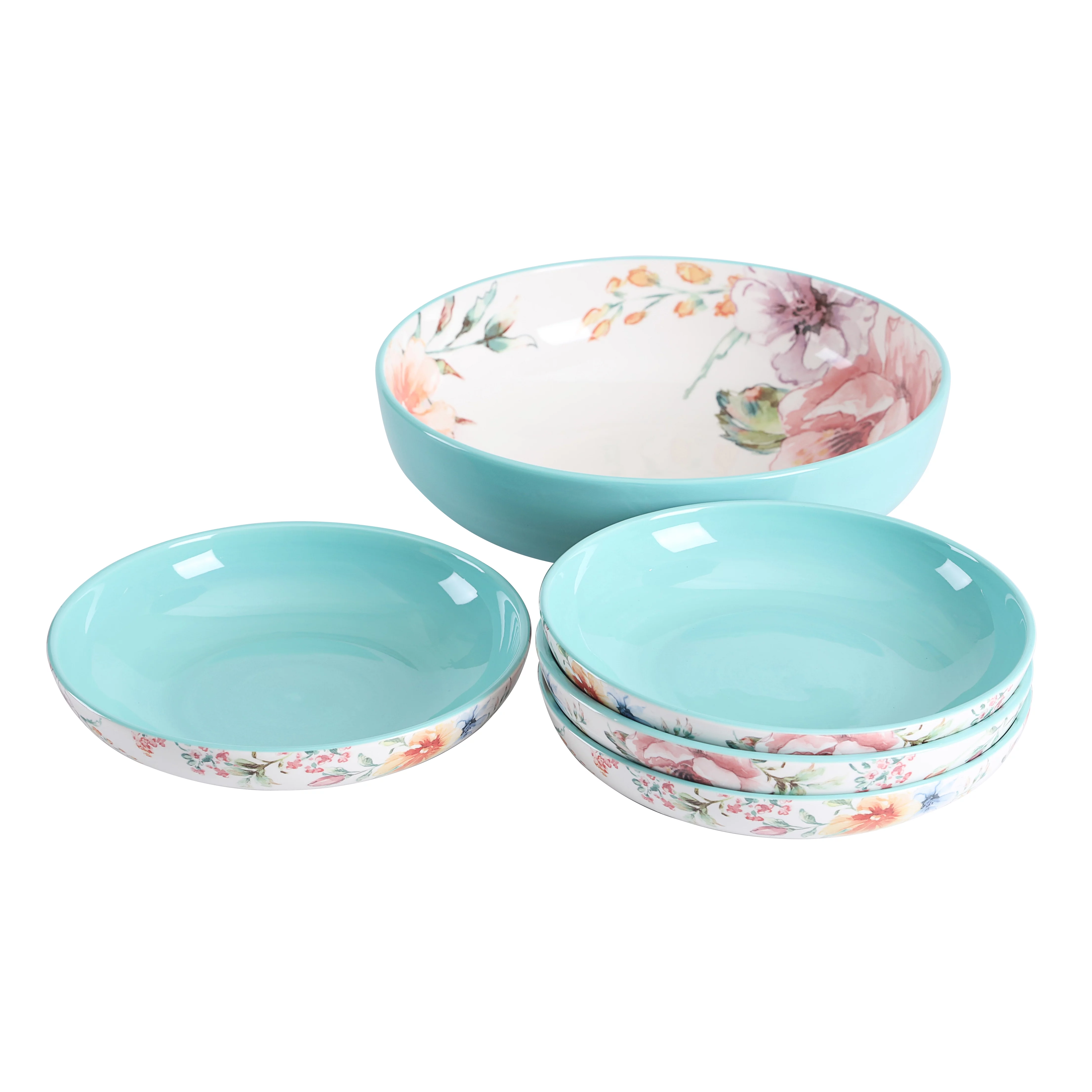 Bico Margret's Garden Ceramic Pasta Bowl, Set of 5(1 unit 214oz, 4 units 35oz), for Pasta, Salad, Microwave & Dishwasher Safe