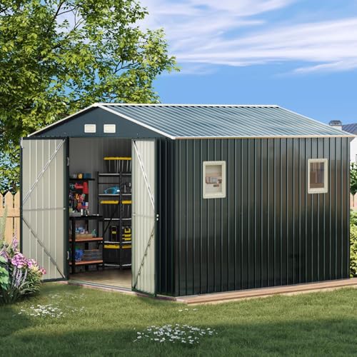 Outdoor Storage Shed 10 x 12ft. Utility Tool Shed Metal Storage Garden Shed with Lockable Doors, Windows & Metal Frame Floor for Patio Storage,Brown