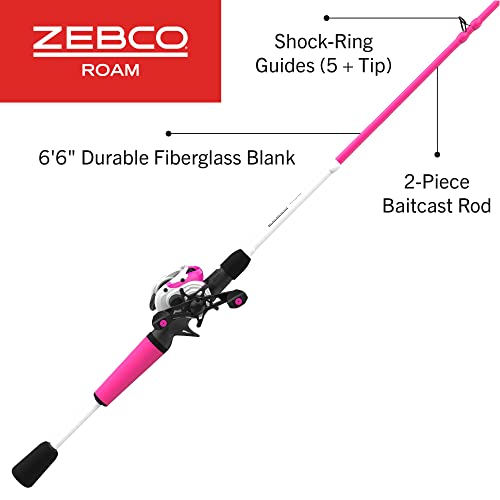 Zebco Roam Baitcast Reel and Fishing Rod Combo, 6-Foot 6-Inch 2-Piece Medium-Heavy Power, Fast Action Rod, DynaMag Cast Control, 6.1:1 Gear Ratio, 12-Pound Line