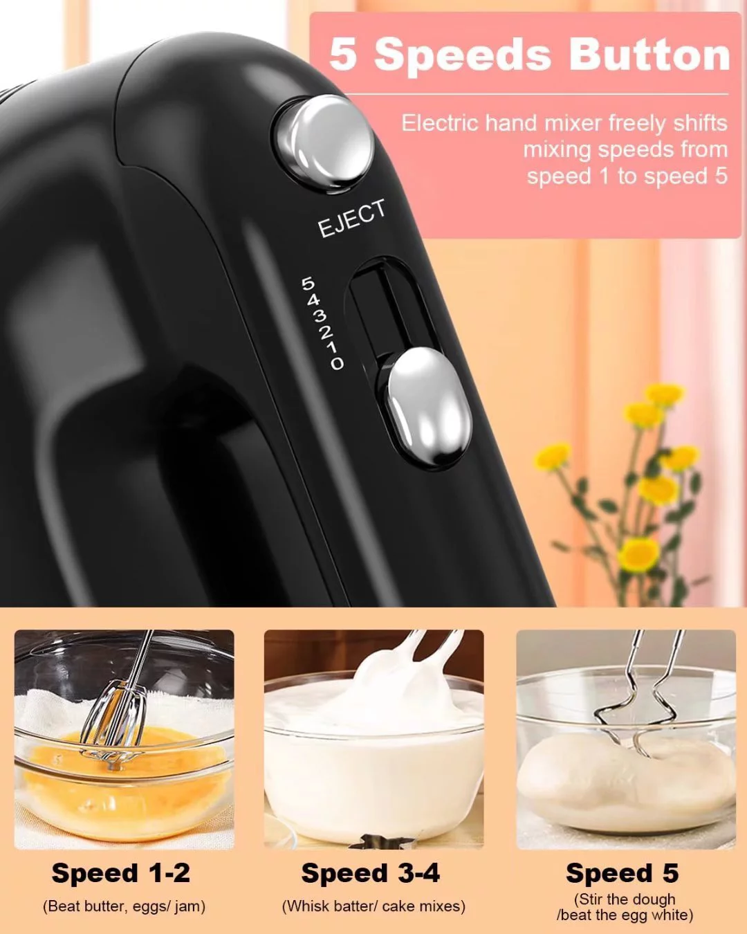 Electric Hand Mixer, SASA ROCOO 5-Speed Performance Premium Handheld Kitchen Mixer Egg Beaters and Blender, Black