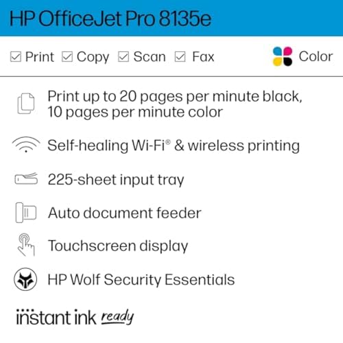 HP OfficeJet Pro 8135e Wireless All-in-One Color Inkjet Printer, Print, Scan, Copy, Fax, ADF, Duplex Printing, Best-for-Home Office, 3 month Instant Ink trial included (40Q35A)