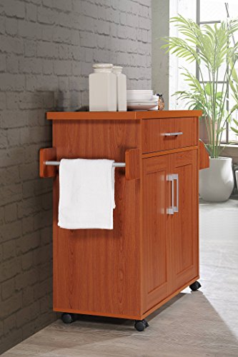 Hodedah Rolling Wood Kitchen Island Cart with Spice Rack, Towel Rack, Utensil Drawer plus Cabinet, White with Beech Top