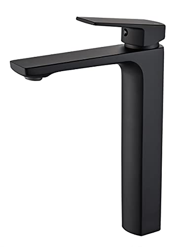 VOTON Vessel Sink Faucet Matte Black Tall Bathroom Faucet Single Handle Vanity Bathroom Sink Faucet 1 Hole Basin Mixer Tap with Water Supply Hose and Pop Up Sink Drain