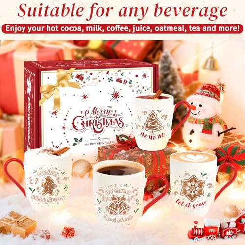 Classic Christmas Coffee Mug Set of 4, 12 oz Gingerbread Man Coffee Mug with Handle, Hot Cocoa Ceramic Mugs with Gift Box for Mom Woman Family Friends Colleagues