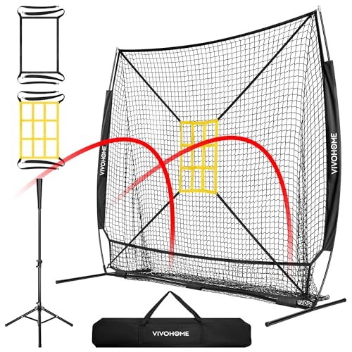 VIVOHOME Baseball Softball Hitting Net with Large Ball Collection System, 7 x 7 ft Baseball Batting Pitching Net with Tee, 2 Strike Zone, Carry Bag