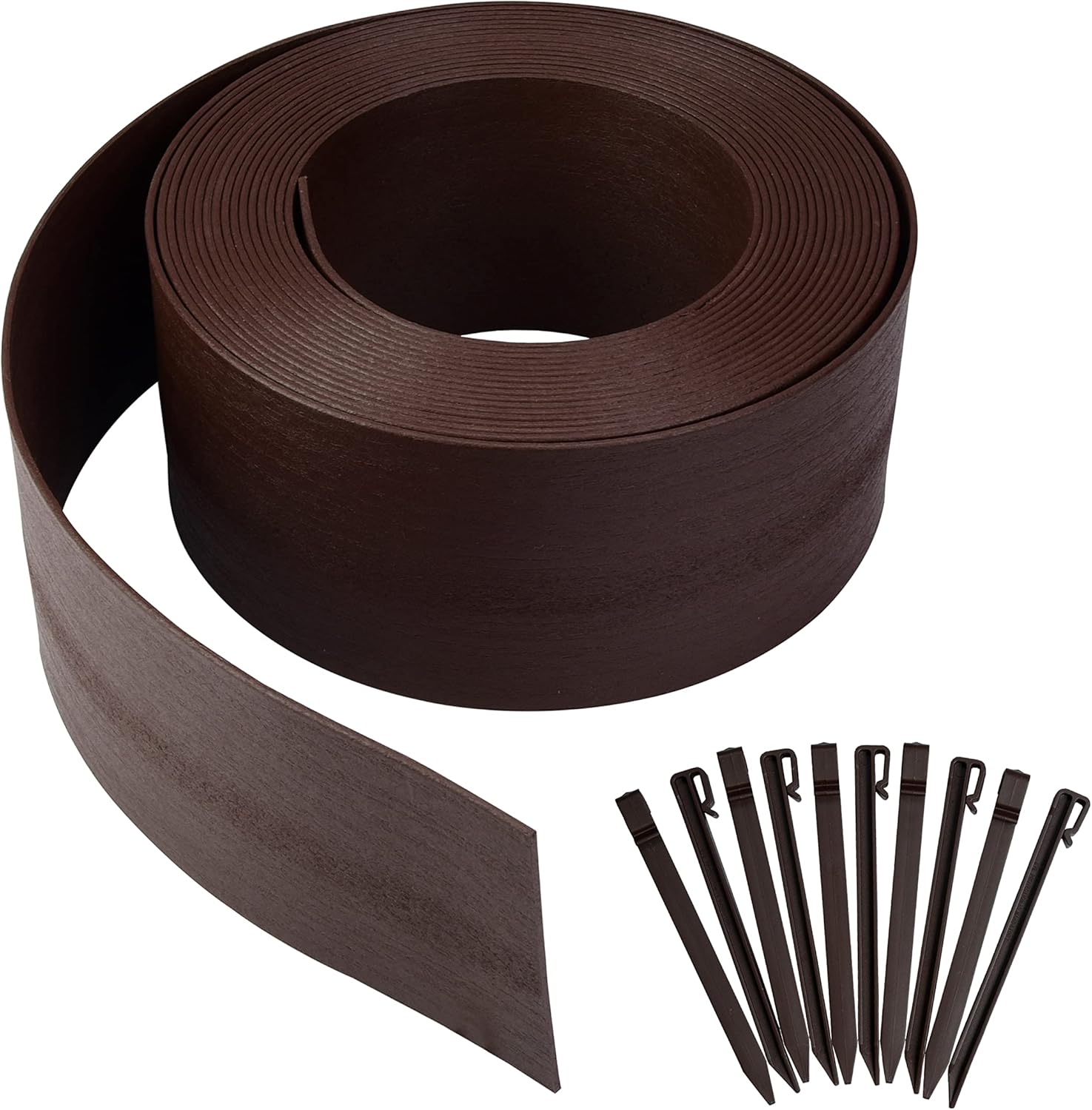Landscape Edging Coil - 40 feet Length, 5 inch Height, 12 Stakes Included, with Wood Grain - Terrace Board, Grass Barrier, Garden Borders (Brown)