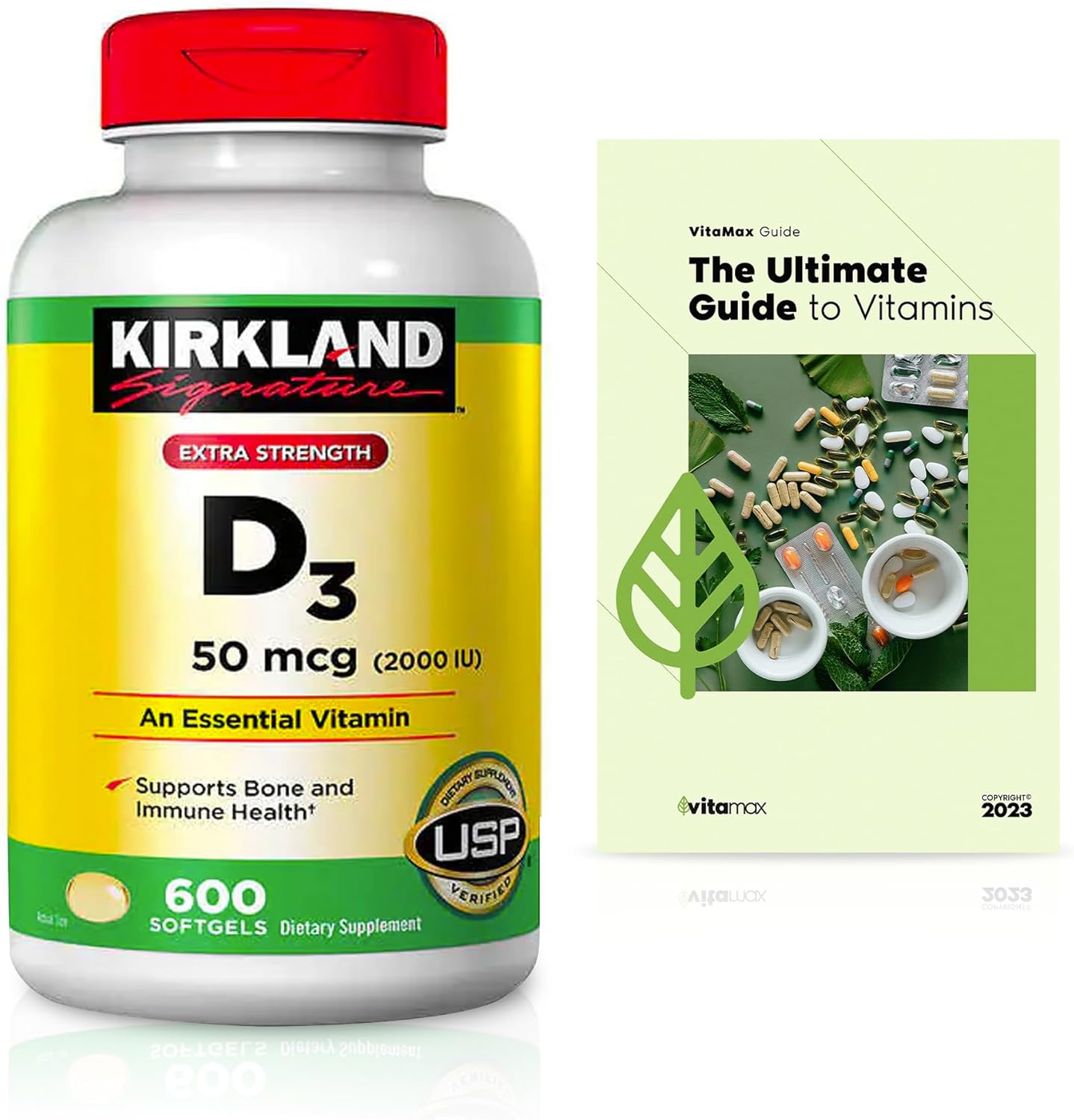 Kirkland Signature Extra Strength D3 50 mcg, 600 Softgels + Exclusive VitaMax Vitamin Guide - 2 Items