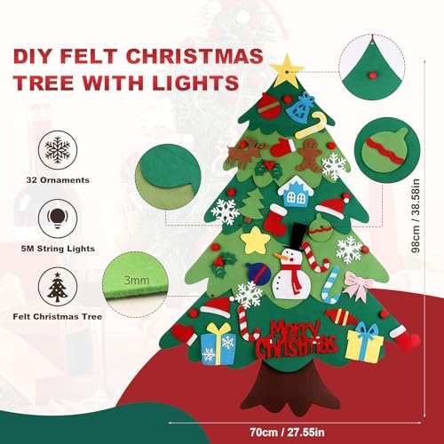 Felt Christmas Tree for Toddlers, 3.2ft DIY Felt Christmas Tree Set, with 5M LED String Lights, 32Pcs Detachable Tree Ornaments, Wall Decor with Hanging Rope for Kids Xmas Gifts Home Door