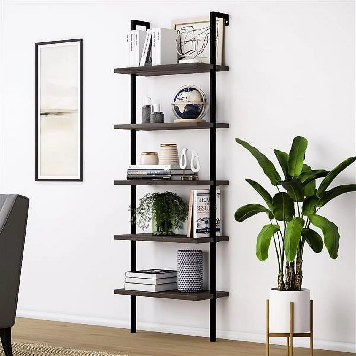 5-Shelf Industrial Wood Ladder Bookcase Bookshelf with Metal Frame Dark Walnut