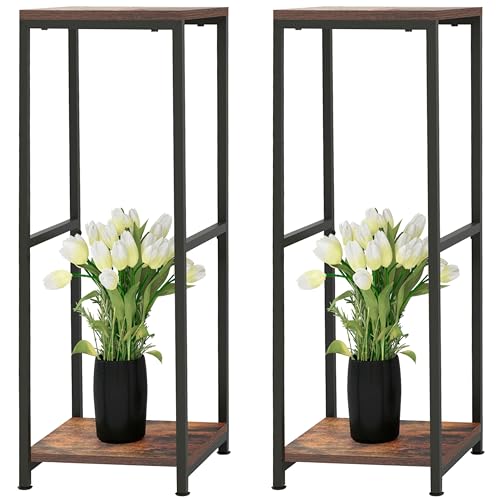 CASIMR Plant Stand for Indoor, Tall Metal Shelf with Square Wooden Board, 2 Tier Display Rack for Multiple Plants, 32 Inch Tiered Flower Pot Holder for Corner Living Room Balcony Garden Patio