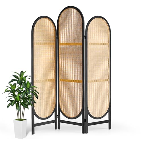 Room Divider 4 Panel, Folding Privacy Screen, Foldable Wood Divider Room Dec, Rattan Room Divider, Portable Partition Screen, Wall Divider for Room Separation Bedroom Home Office (Natural)