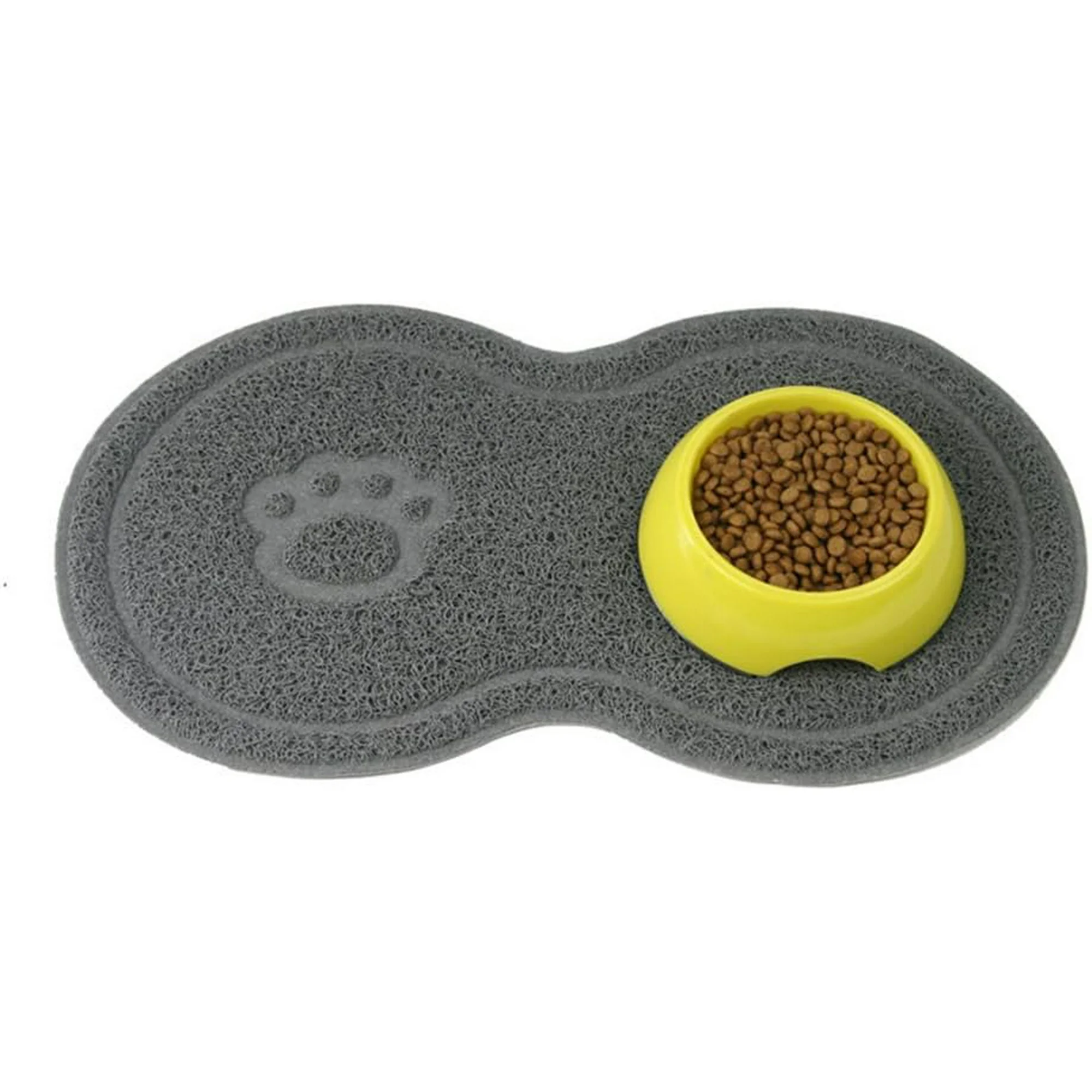 Waterproof Non-slip PVC Pet Feeding Mat with Paw Print & Fishbone Design, Gray