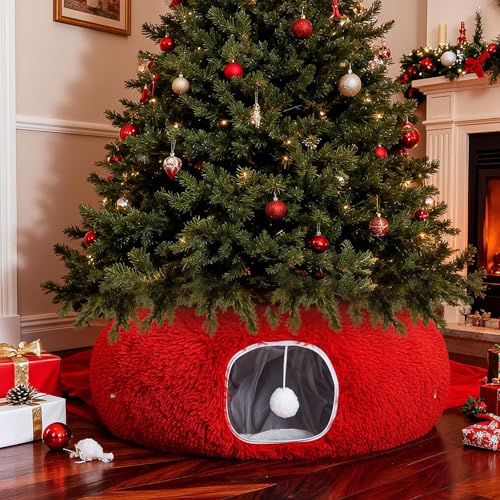 Cat Tunnel Christmas Tree Skirt Large Soft Plush Tunnel Bed Under Christmas Tree for Indoor Cats 36