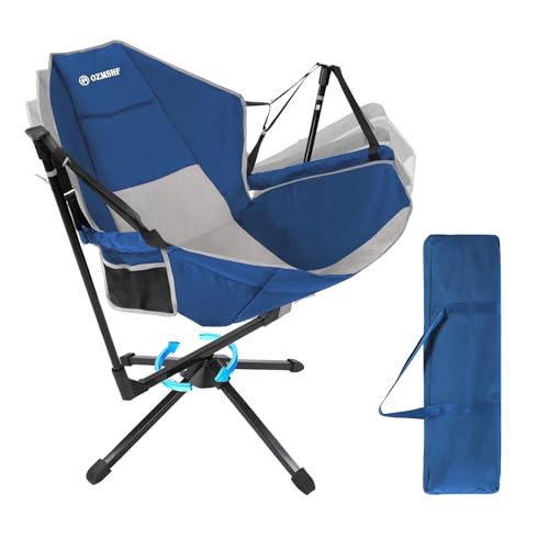 360 Degrees Swing Camping Chair, Portable Rocking Camping Chair with Swivel and Reclining Design, Supports 300lbs, Ideal for Camp, Travel and Beach (Blue Gray)