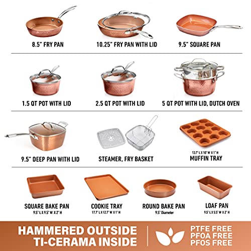 Gotham Steel Hammered 15 Pc Copper Pots and Pans Set Non Stick, Kitchen Cookware Sets, Pot and Pan Set, Ceramic Cookware Set, Non Toxic Cookware Set, Non Stick Pots and Pan Set, Dishwasher Safe…