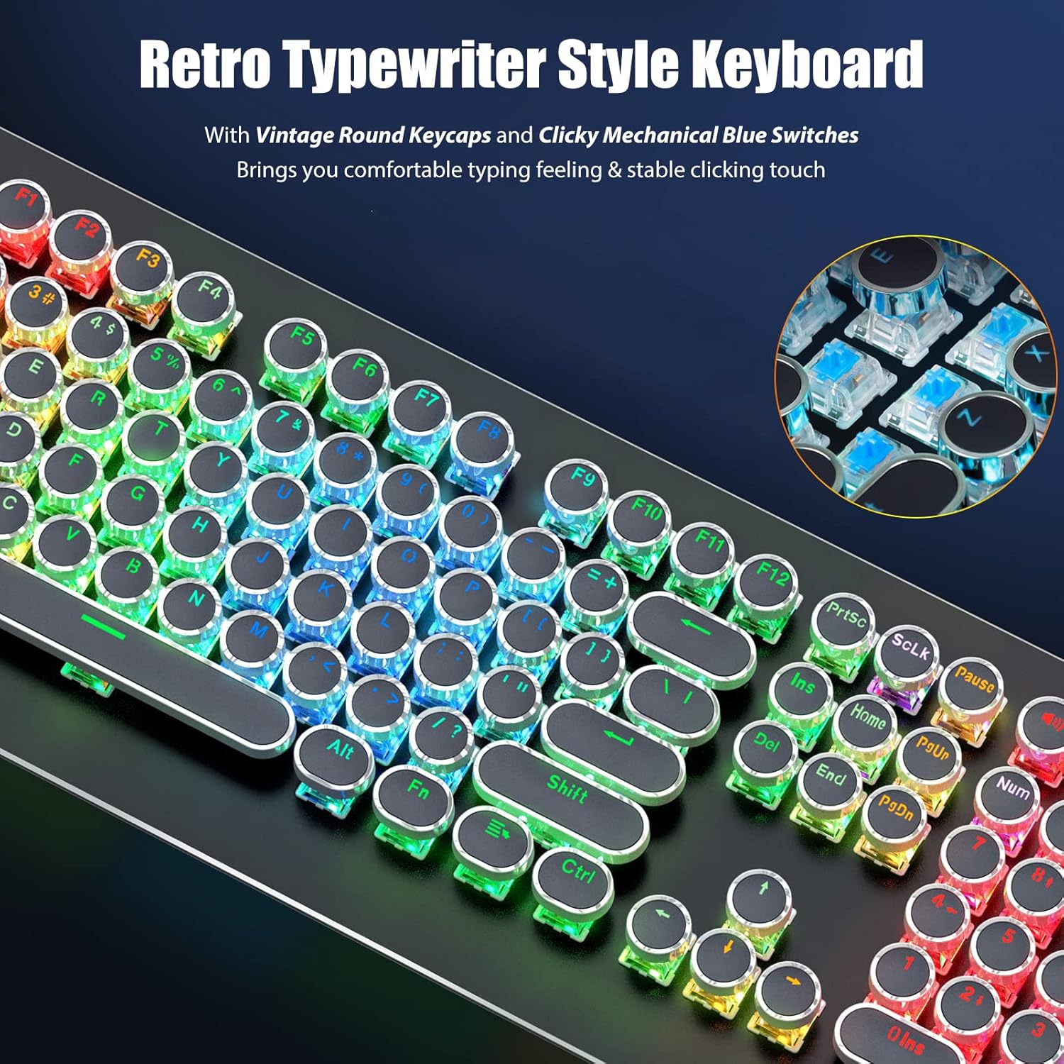 Typewriter Style Mechanical Gaming Keyboard with True RGB LED Backlight, 108-Key Anti-Ghosting Blue Switch Retro Steampunk Vintage Round Keycaps Metal Panel Wired USB, Black