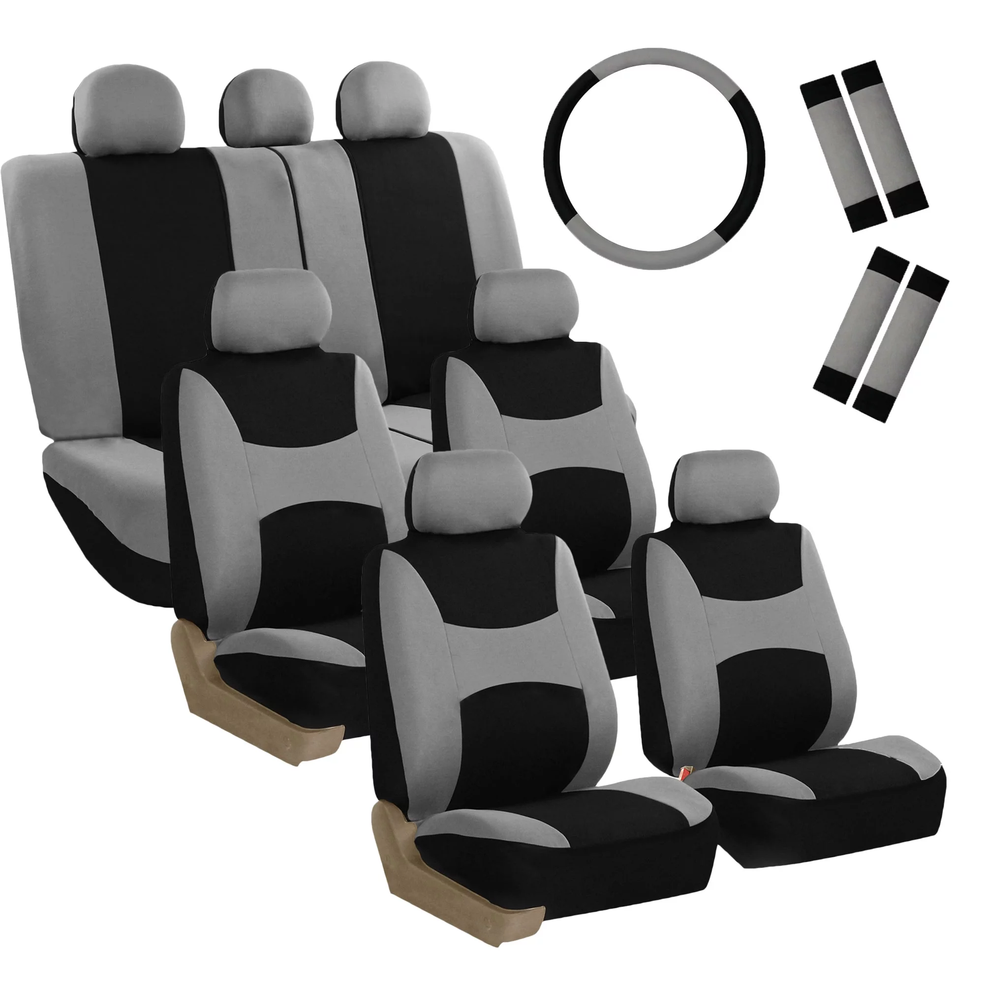 FH Group 3 rows Cloth Car Seat Covers for SUV, Sedan, Van Full Set - Universal Fit Automotive Seat Covers, Split Bench Rear Seat with Steering Wheel Cover, 4 Seatbelt Pads FB030217GRAYBLACK-COMBO
