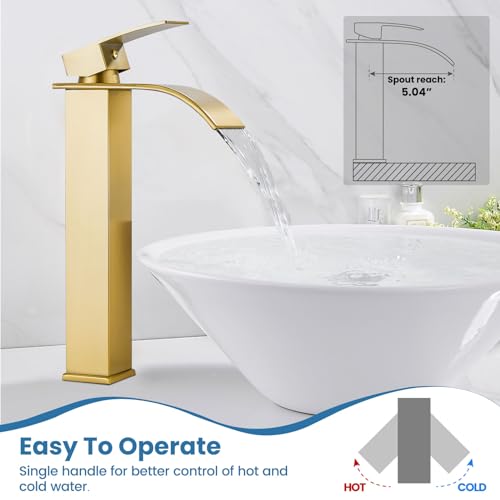 Airuida Brushed Gold Tall Waterfall Bathroom Vessel Sink Faucet Modern Bathroom Vanity Faucet Single Handle Single Hole Farmhouse Bar Mixer Tap Washbasin Faucet Deck Mount