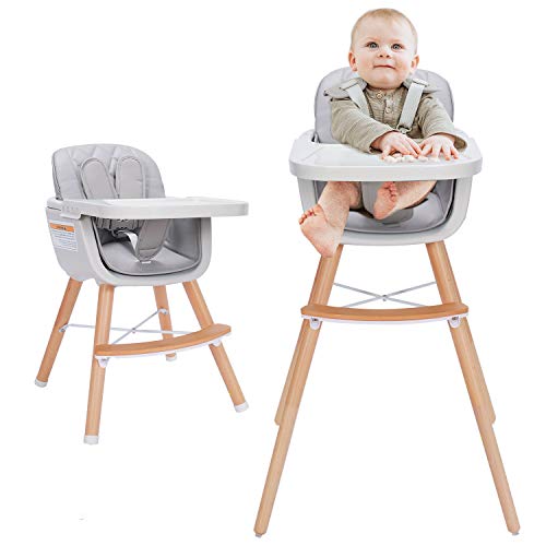 3-in-1 Convertible Wooden High Chair,Baby High Chair with Adjustable Legs & Dishwasher Safe Tray, Made of Sleek Hardwood & Premium Leatherette, Gray Color