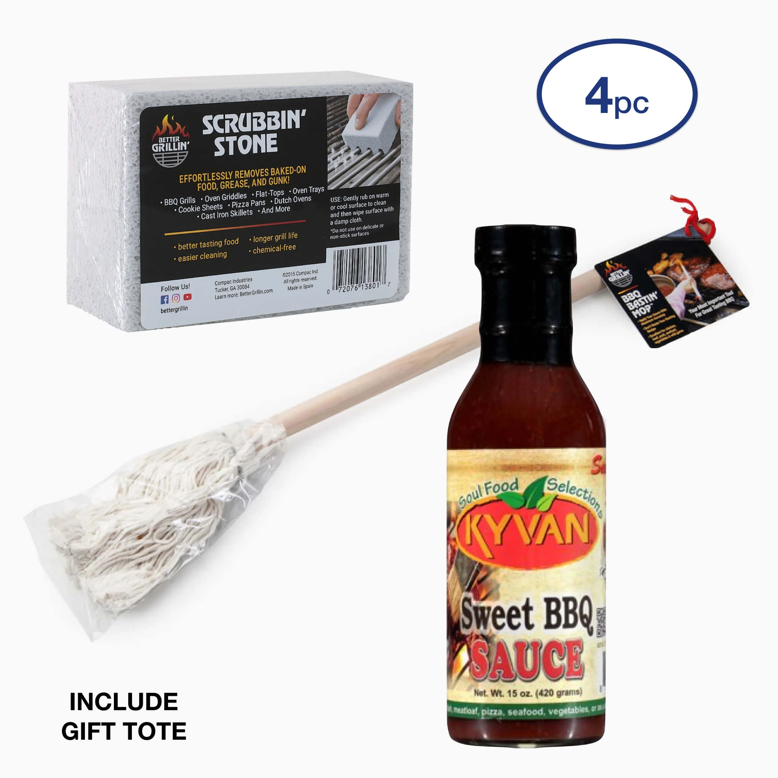 Better Grillin'; Gift Bundle for Grilling BBQ 4pc Kit (1 Stone, 1 Mop, 1 Sauce Bottle, 1 Gift Tot)