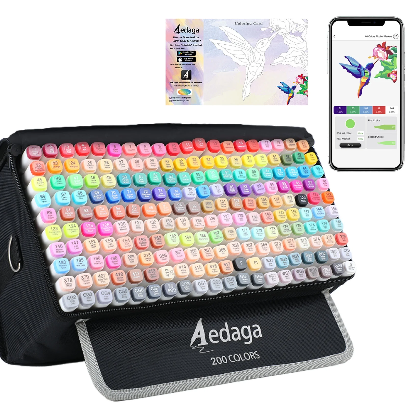 AEDAGA 200 Colors Alcohol Markers with Free App, Dual Tip Art Markers with Kickstand Case for Artists Adults and Kids. Alcohol Based Markers for Coloring Painting Sketching and Drawing, Great Gift. Vi