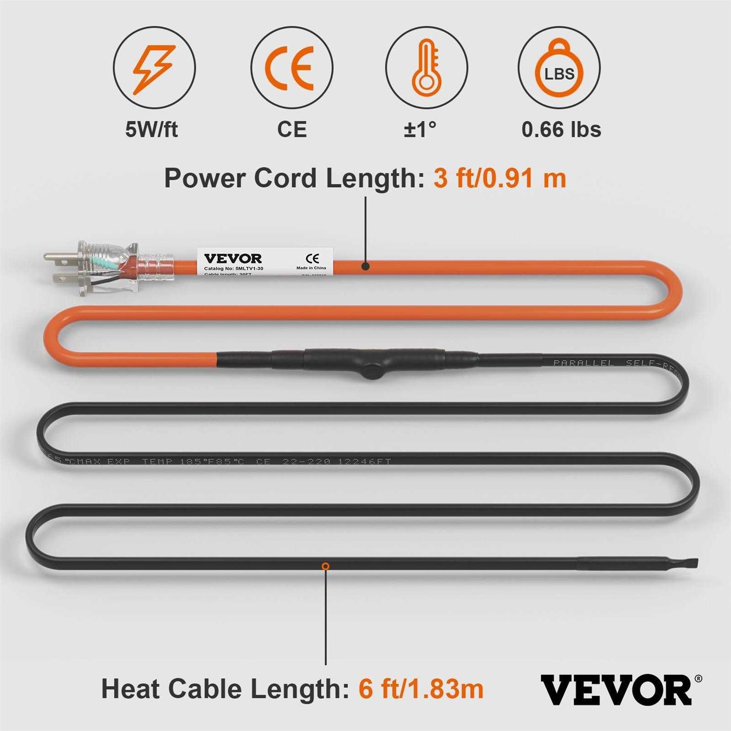 VEVOR Self-Regulating Pipe Heating Cable 30 ft VEVOR