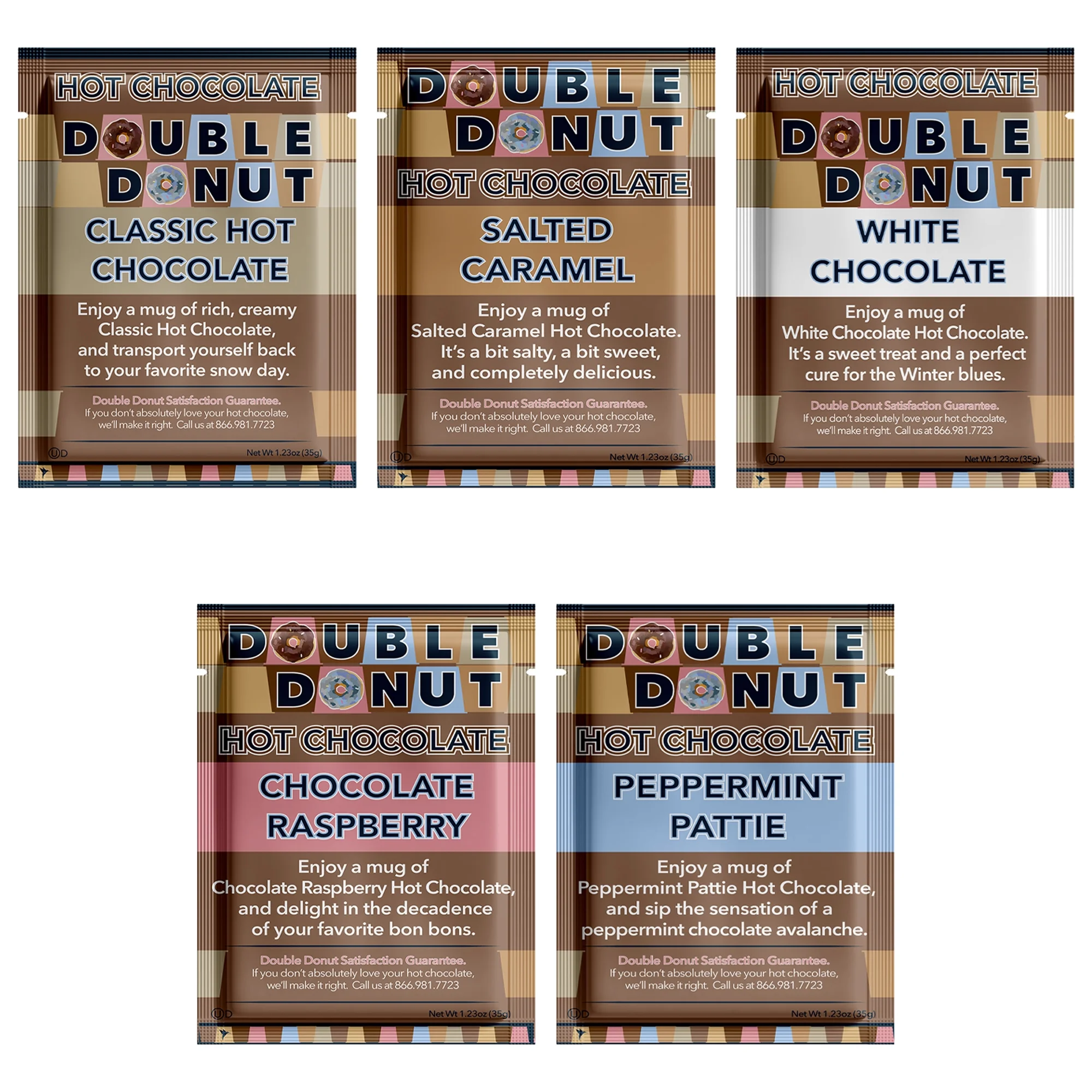 Double Donut Flavored Hot Chocolate Packets, Gourmet Hot Cocoa Mix Variety Pack 30 Count Includes Classic, White Chocolate, Chocolate Raspberry, Salted Caramel, Pumpkin, French Vanilla & Peppermint