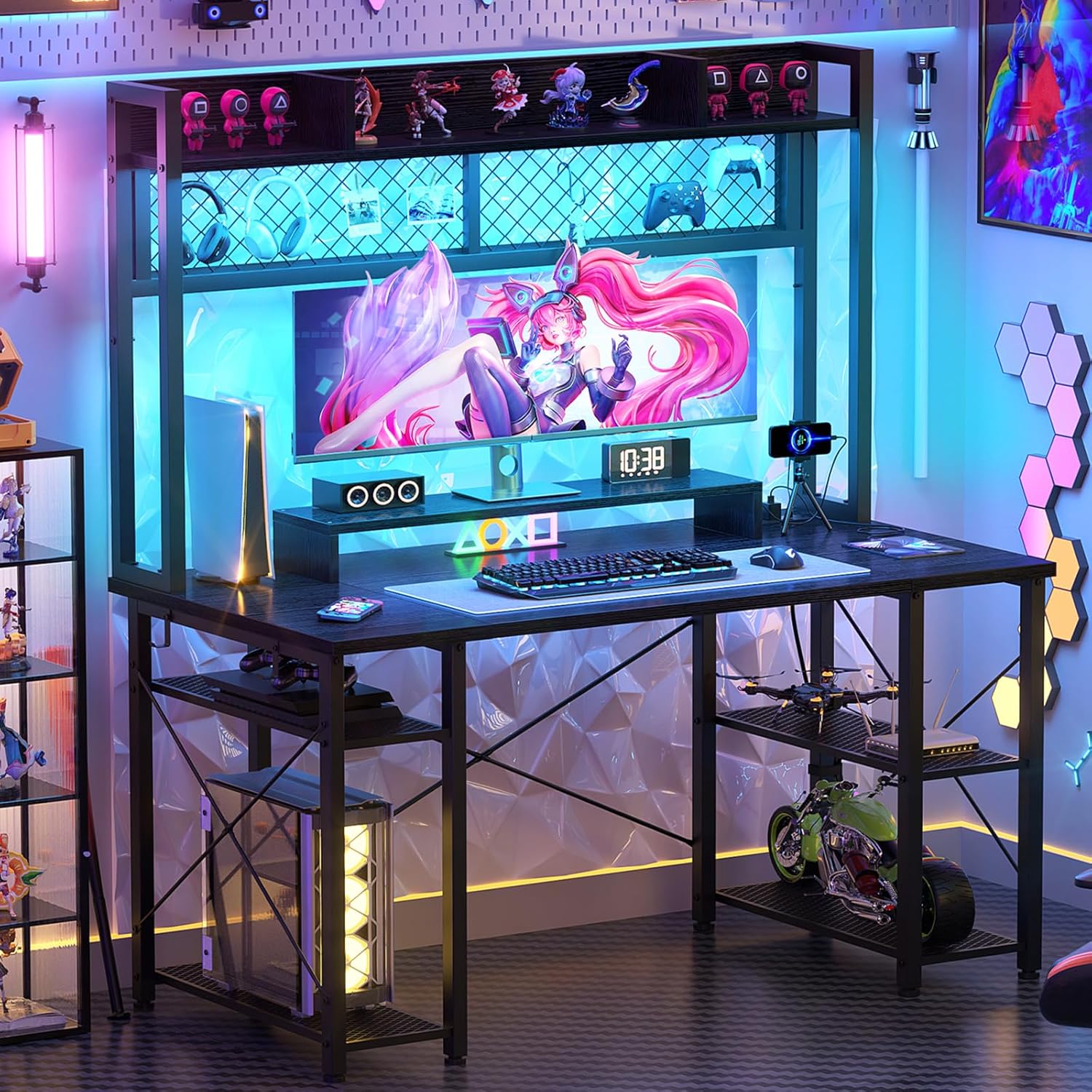 Gaming Desk with Hutch - 47 Inch Computer Desk with LED Lights & Power Outlet, Home Office Writing Desk with Storage Shelf and Monitor Stand, Black