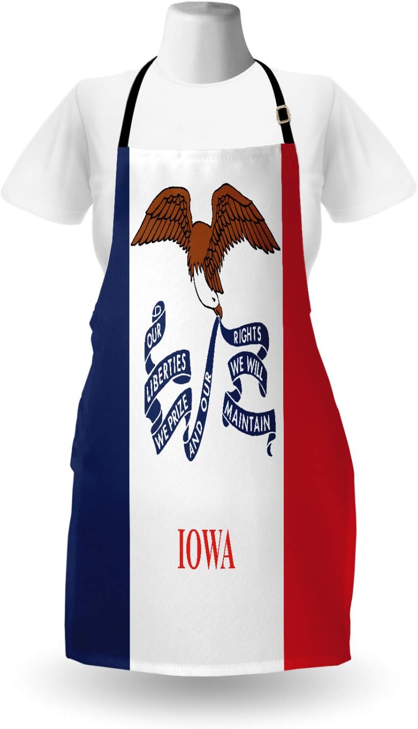 Ambesonne Iowa State Apron, Flag of USA State of Iowa with Eagle and Phrase Patrioticme, Unisex Kitchen Bib with Adjustable Neck for Cooking Gardening, Adult Size, Navy Red