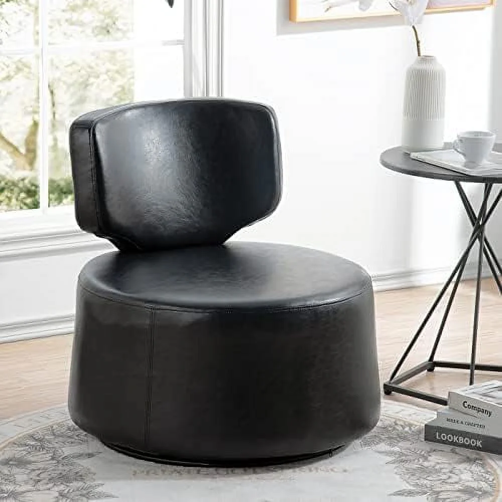 TJUNBOLIFE Faux Leather ° Swivel Chair，Modern armless Lounge Chair，Comfortable Round Accent Chair for Office  Bedroom  Hotel Lounge.(Black)