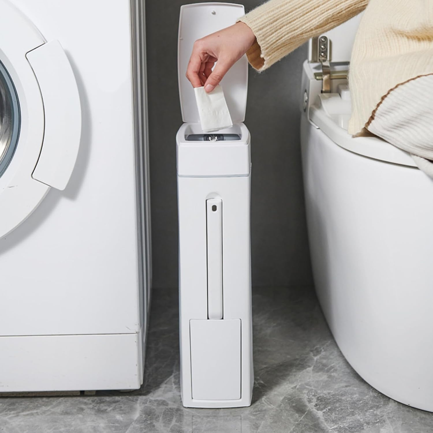 Bathroom Trash Can Set 16.5x8x4.3in 1.2-Gallon Slim Bathroom Bin with Toilet Brush Holder Press-Opening White Rectangular Toilet Trash Can Slim Trash Can with Lid Rubbish Bin Waste Paper Bin