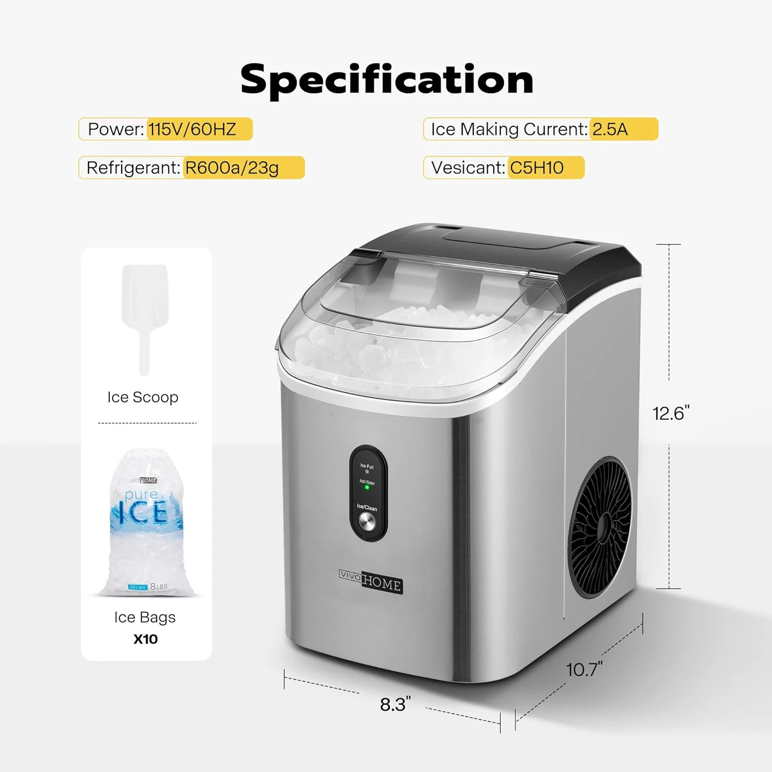 SPECSTAR Nugget Ice Maker Machine, Countertop Ice Cube Maker Machine with Hand Scoop 10 Ice Bags and Self Cleaning Function 33lbs/Day Silver