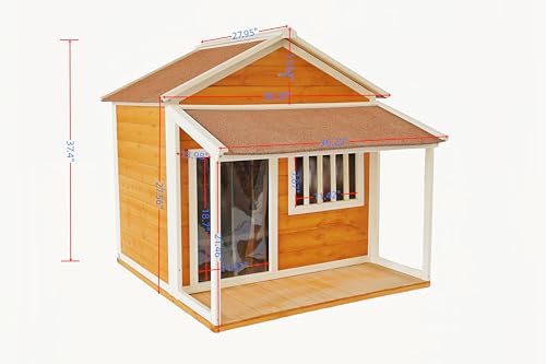 Indoor-Outdoor Wooden Dog House, Porch, Asphalt Roof, Plastic Door Curtain, Ventilation Windows, Brown, Weatherproof, Small to Medium Dog, Puppy Kennel