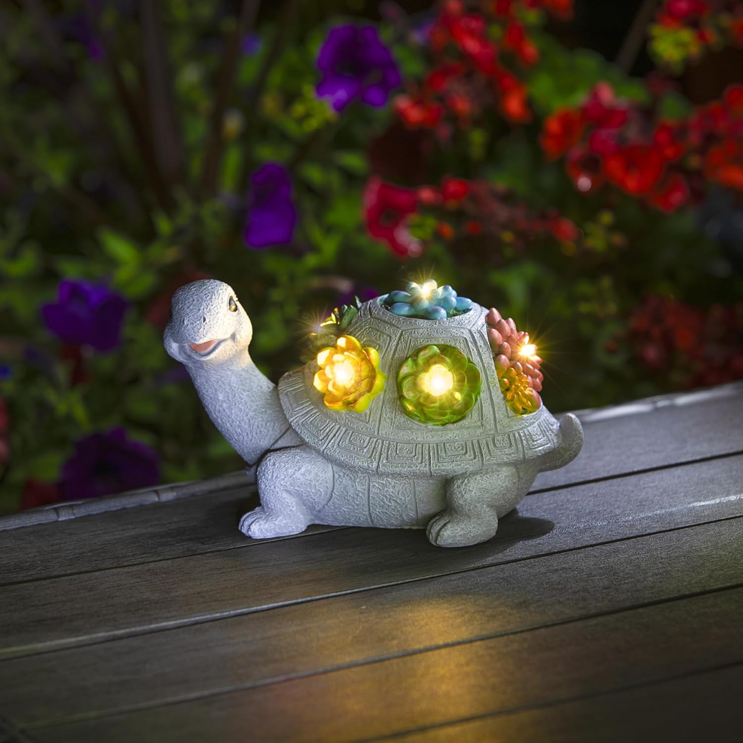 Solar Turtle Garden Statue with Flower Lights, Outdoor Decorative Planter for Home and Yard, Lighted Turtle