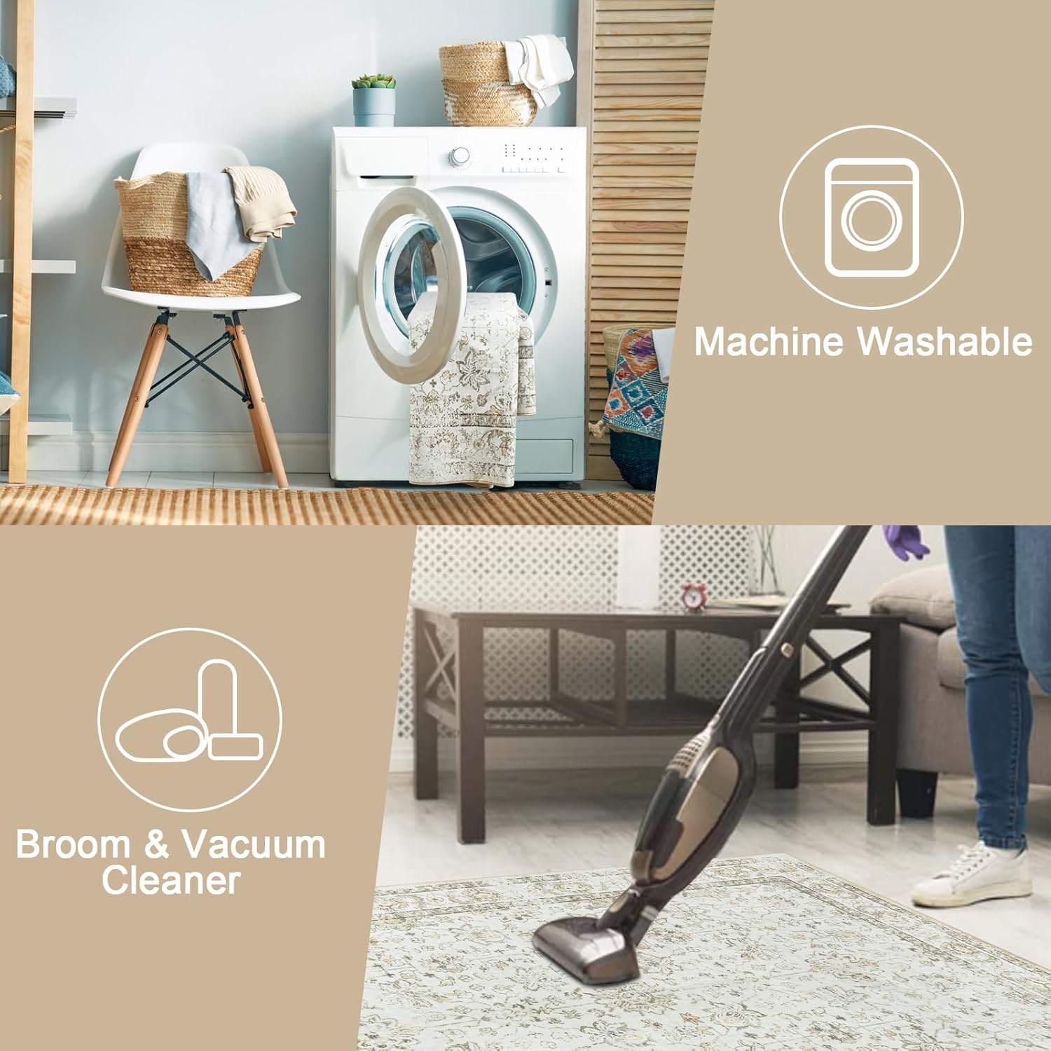 LIVEBOX Machine Washable Area Rugs 9x12 for Living Room, Non-Slip Beige Boho Rug Ultra-Thin Soft Faux Wool Neutral Rug Vintage Rug Cream for Home Office Large Area Rug for Dining Room