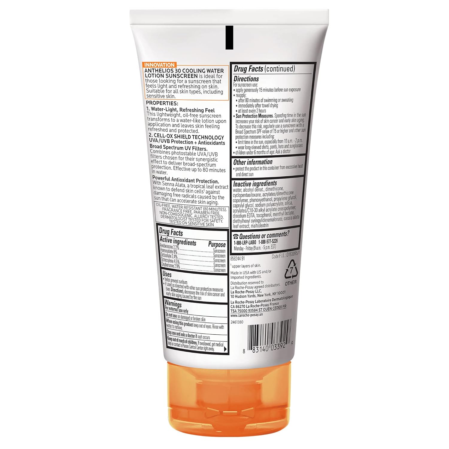 La Roche-Posay Anthelios Cooling Water Sunscreen Lotion | Water Based Sunscreen for Face & Body | Broad Spectrum SPF + Antioxidants | Fast Absorbing Water-Like Texture | Oil Free Sunscreen SPF 60