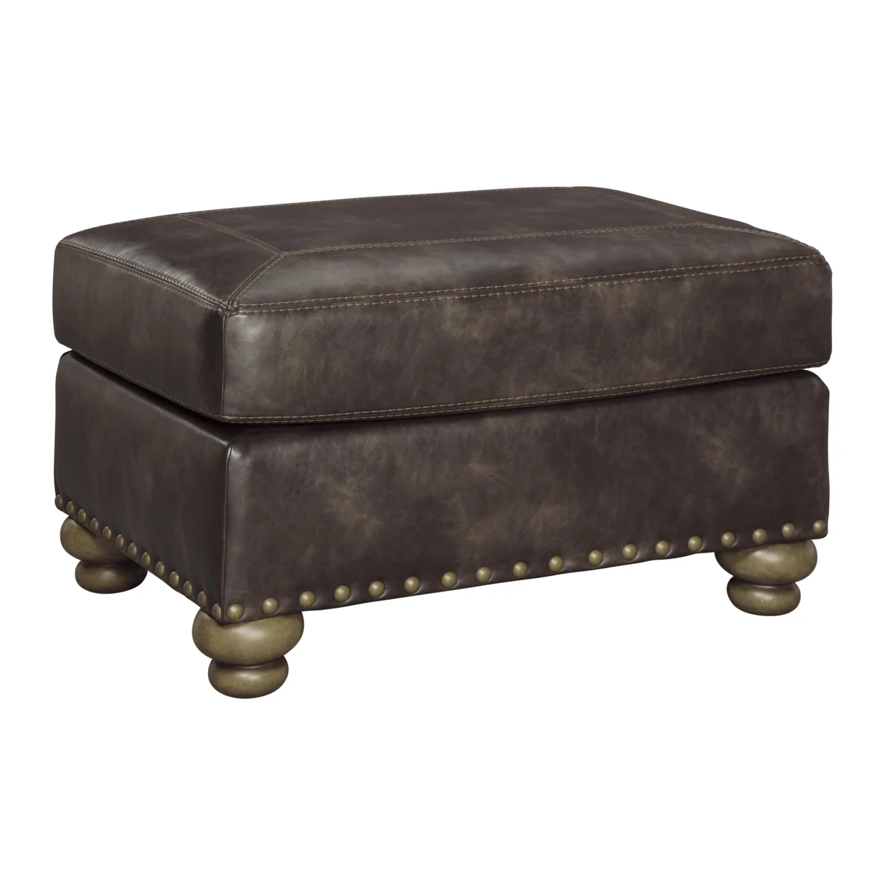 Traditional Wooden Ottoman with Nailhead Trims and Bun Feet, Brown- Saltoro Sherpi