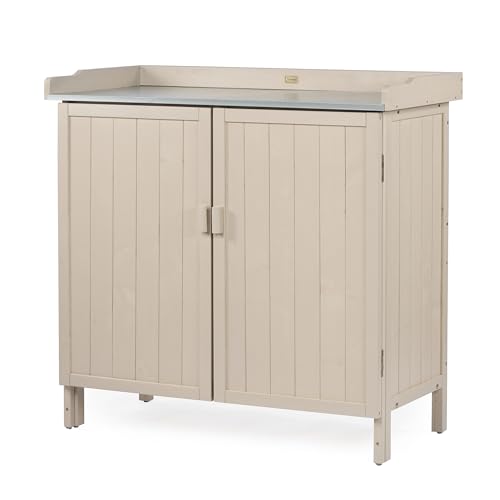 Outdoor Storage Cabinet with Potting Bench & Metal Tabletop, Wooden Planting Workstation for Garden Patio, Weatherproof