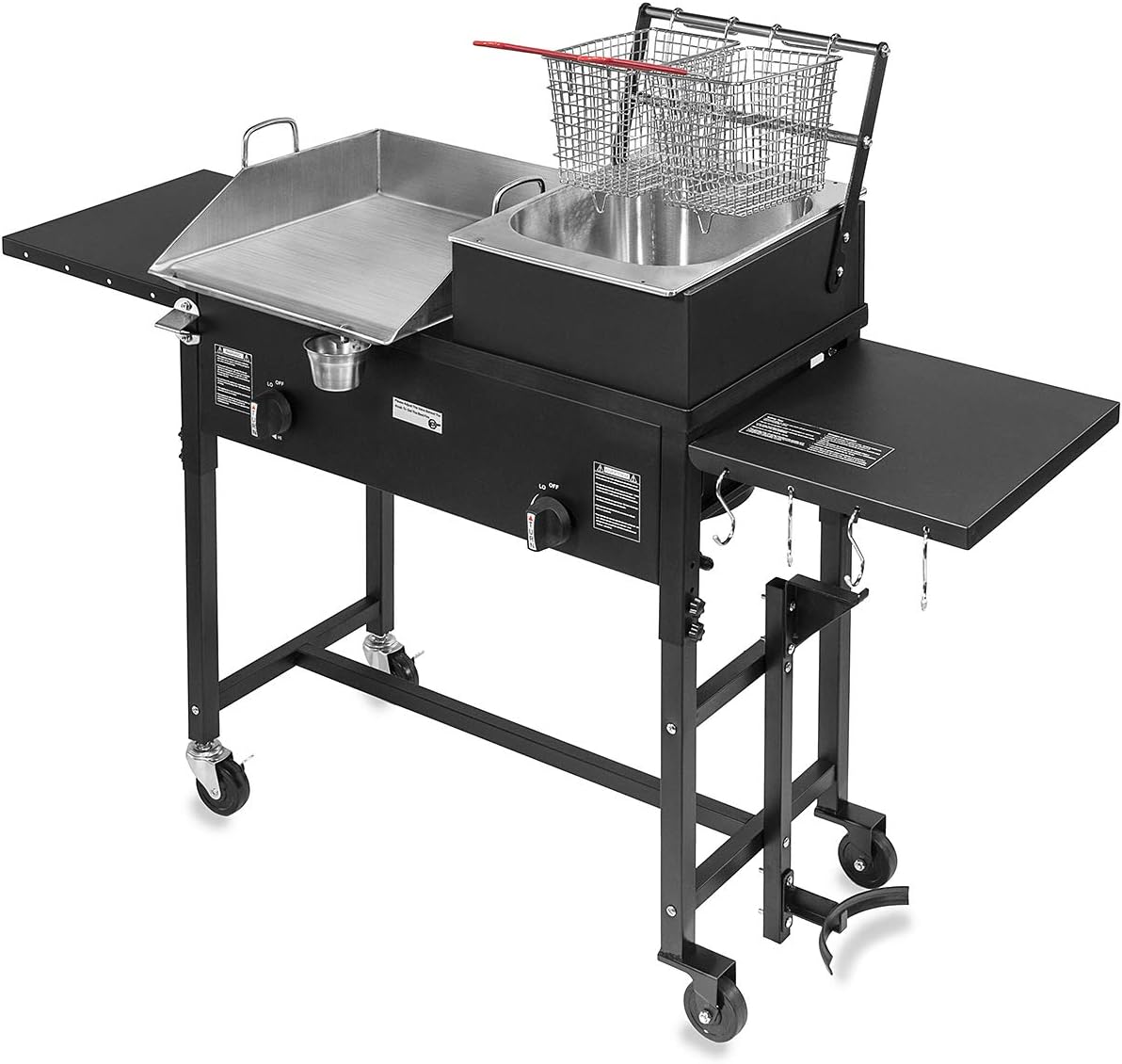 Barton 58,000 BTU Outdoor Dual Burner Stove Deep Fryer with 2-Side Shelves Propane Backyard Camping Cooking Range Wheels