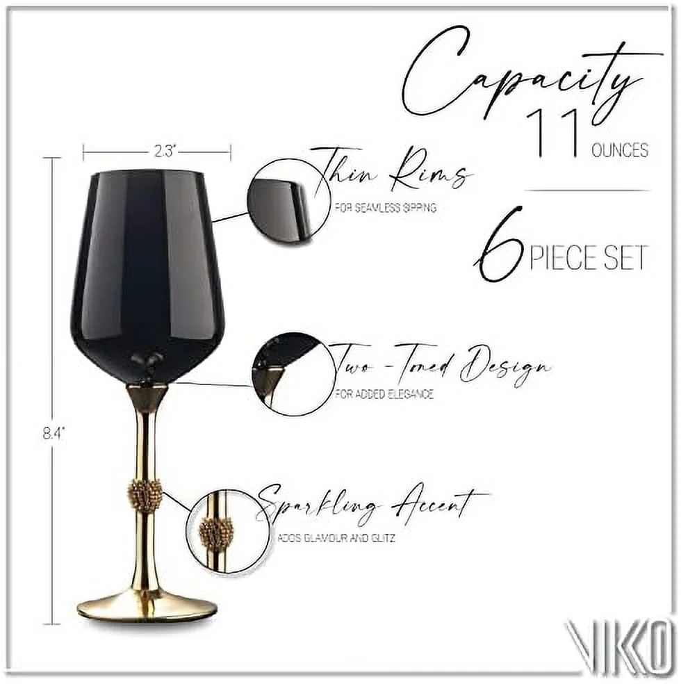 Black  Wine Glasses | 11 Ounce Cup – Striking Black  Design With Diamante Accents – Dishwasher Safe – Set Of Six Stunning Wine Glasses – 8.4” X 2.3”