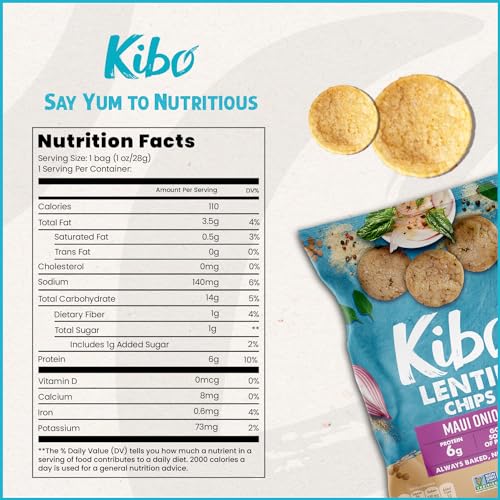 Kibo Lentil Chips Variety Pack - Gluten-Free Vegan Chips - Non-GMO Verified - Plant-Based 28 grams – Maui Onion, Sea Salt, and Spicy Ranch - 12 pack